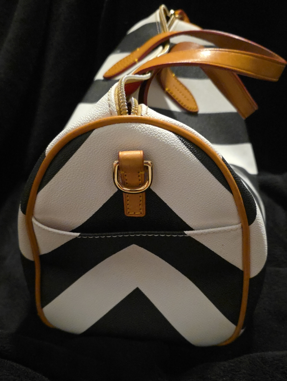 Dooney & Bourke Structured Chevron Satchel Bag - Black & White with Tan Trim - Picture 4 of 12